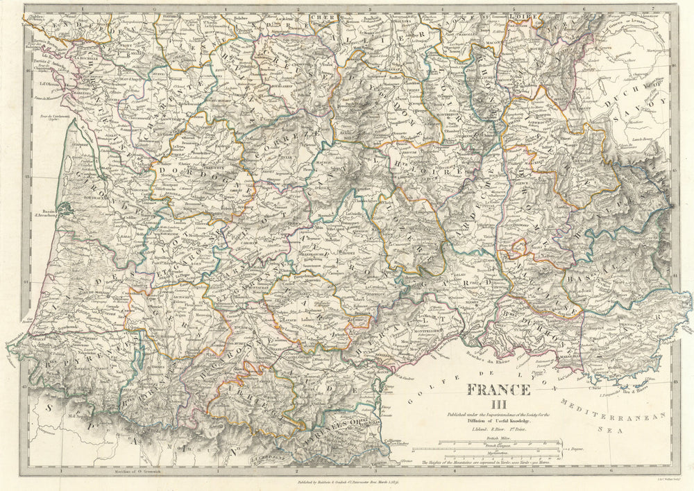 FRANCE STH.Aquitaine Pyrénées Provence Languedoc Rhône Auvergne.SDUK 1844 map