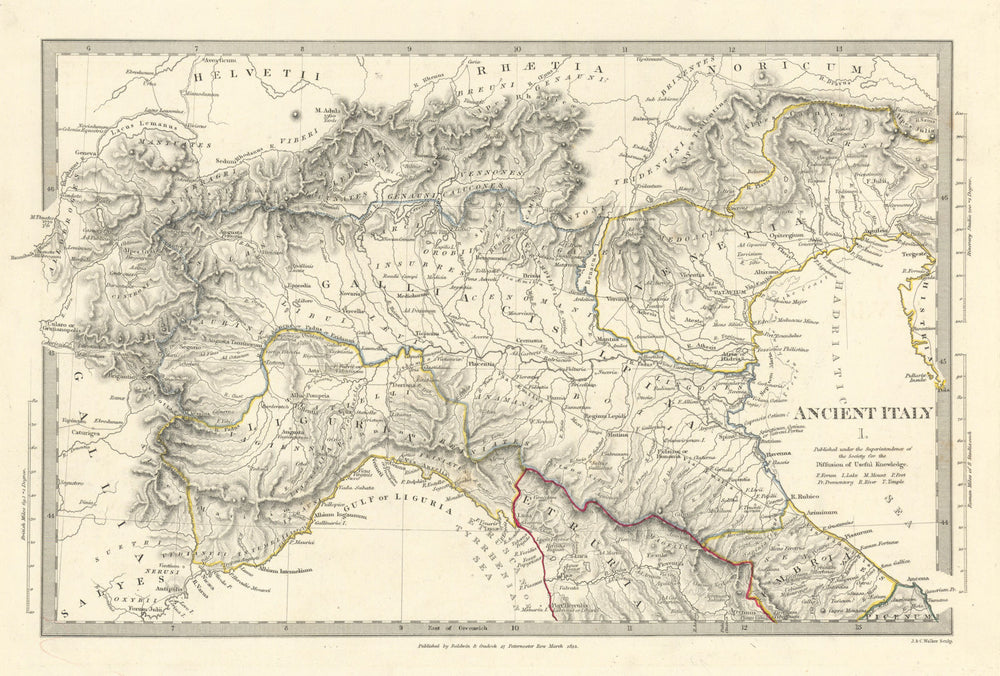 ANCIENT ROMAN ITALY NORTH.Liguria Venetia Gallia Cisalpina.Roads.SDUK 1844 map
