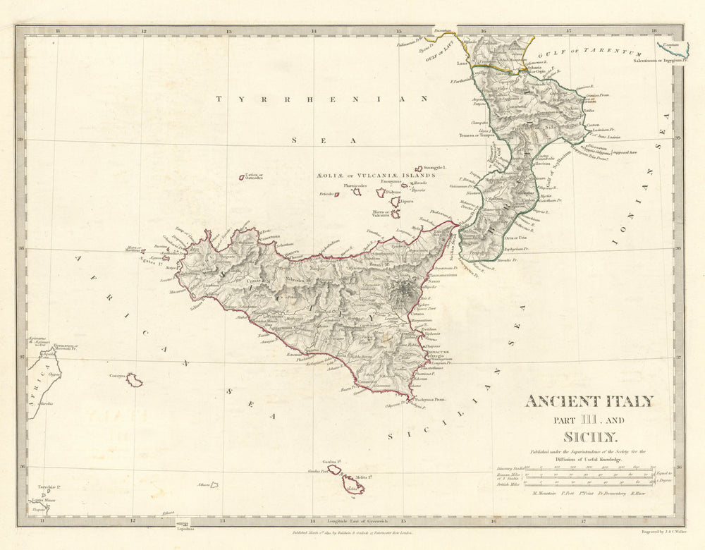 ANCIENT ITALY SOUTH.Sicily Brutii Melita (Malta).Original colour.SDUK 1844 map