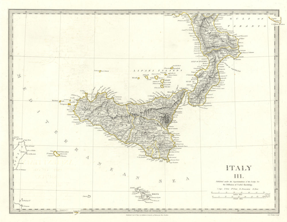 SICILY CALABRIA. Sicily Malta Gozo. Original outline colour. SDUK 1844 old map