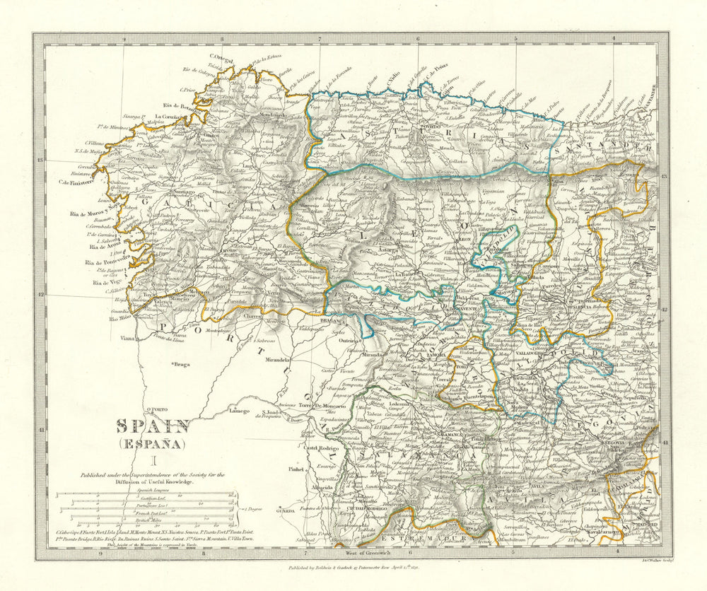 SPAIN NW. Galicia Leon Asturias Zamora Palencia Toro Salamanca. SDUK 1844 map