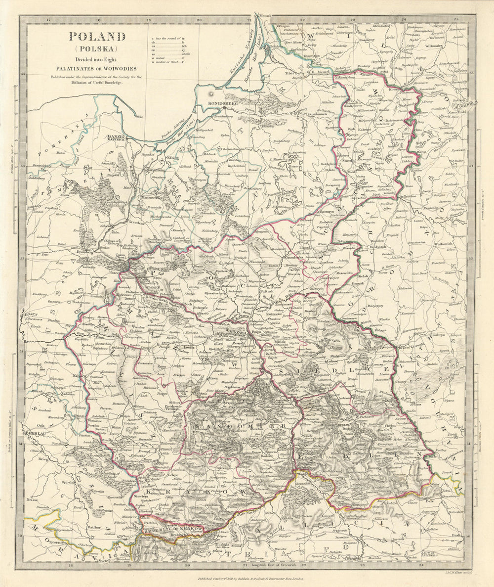 POLAND POLSKA.Palatinates Woiwodies.Mazow Krakow Plock Kalisz &c.SDUK 1844 map