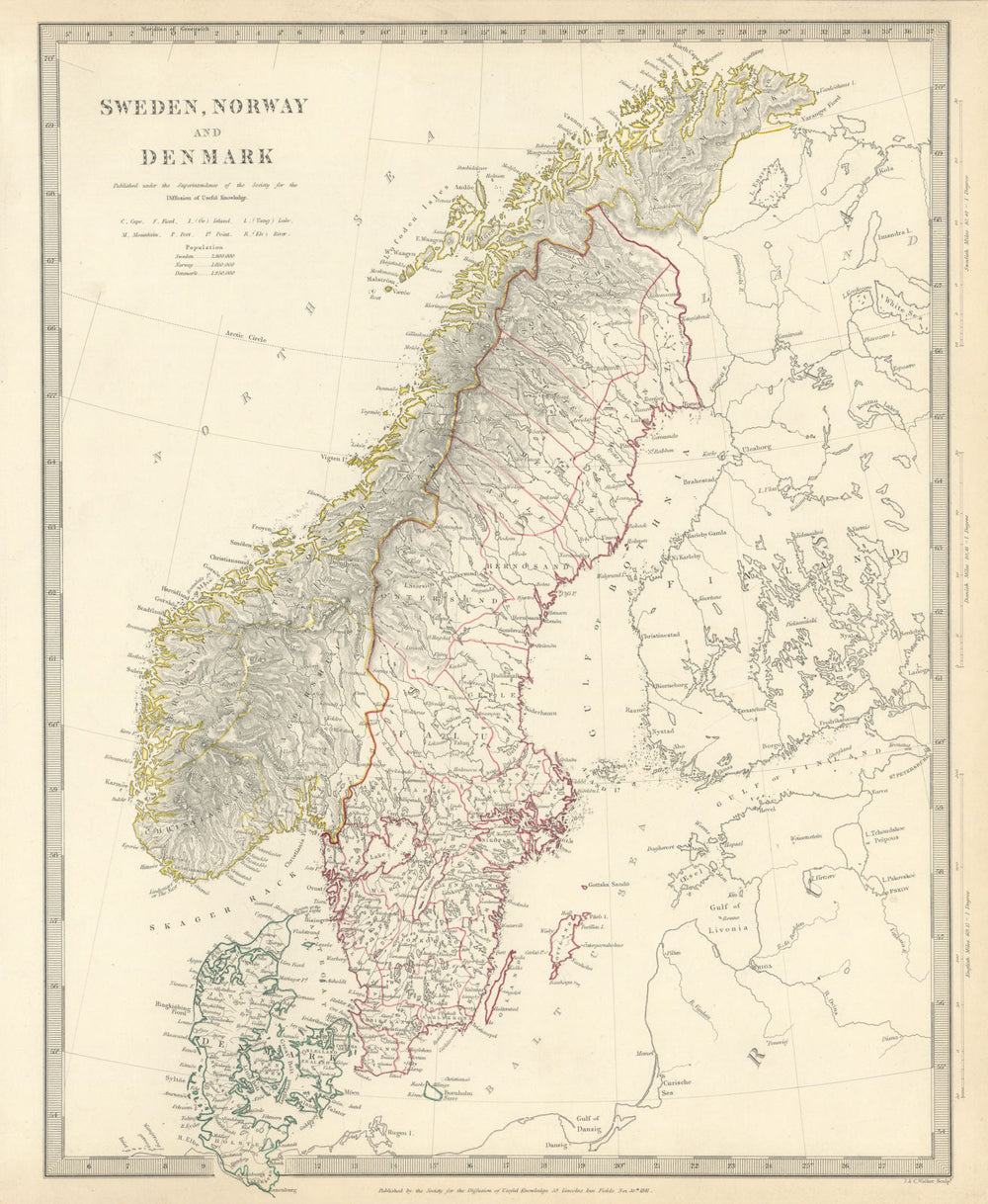 SCANDINAVIA. Sweden, Norway, and Denmark. Population table. SDUK 1844 old map