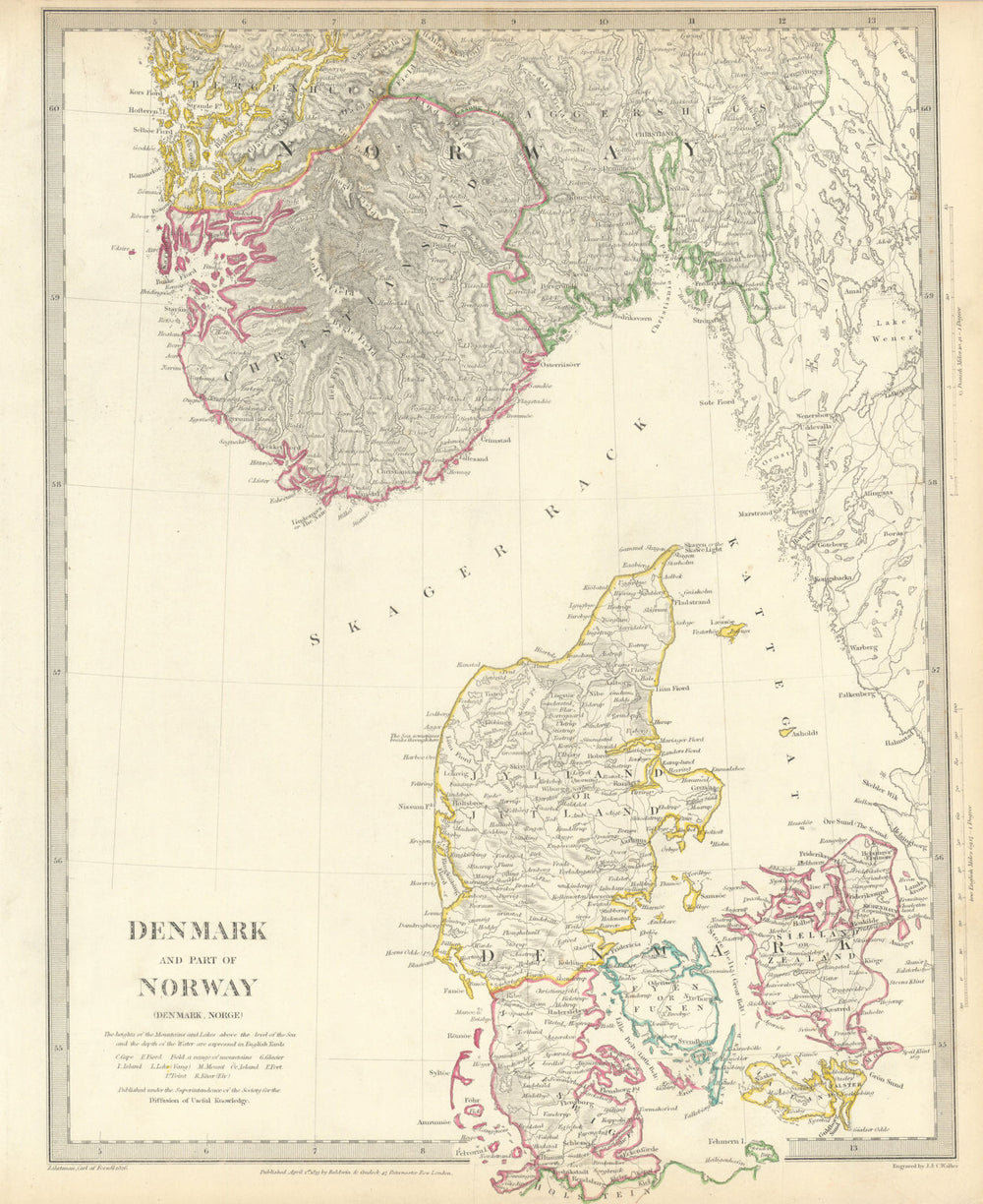 SCANDINAVIA. Denmark and Southern Norway (Norge) . SDUK 1844 old antique map