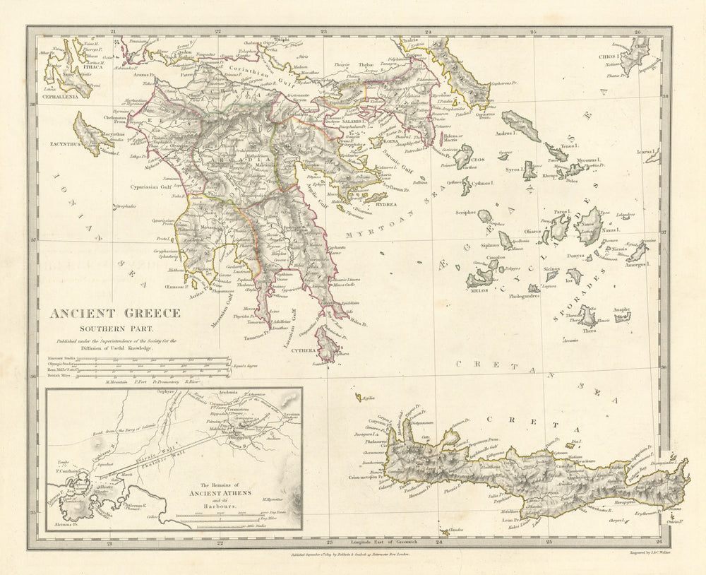 ANCIENT GREECE.Morea Creta Athens Peloponnesus Cyclades Arcadia.SDUK 1844 map