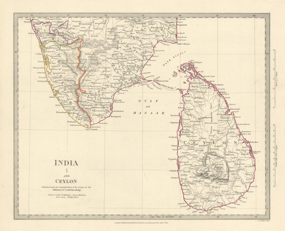 SOUTH INDIA & CEYLON (SRI LANKA) . Carnatic Travancore Kochi. SDUK 1844 map