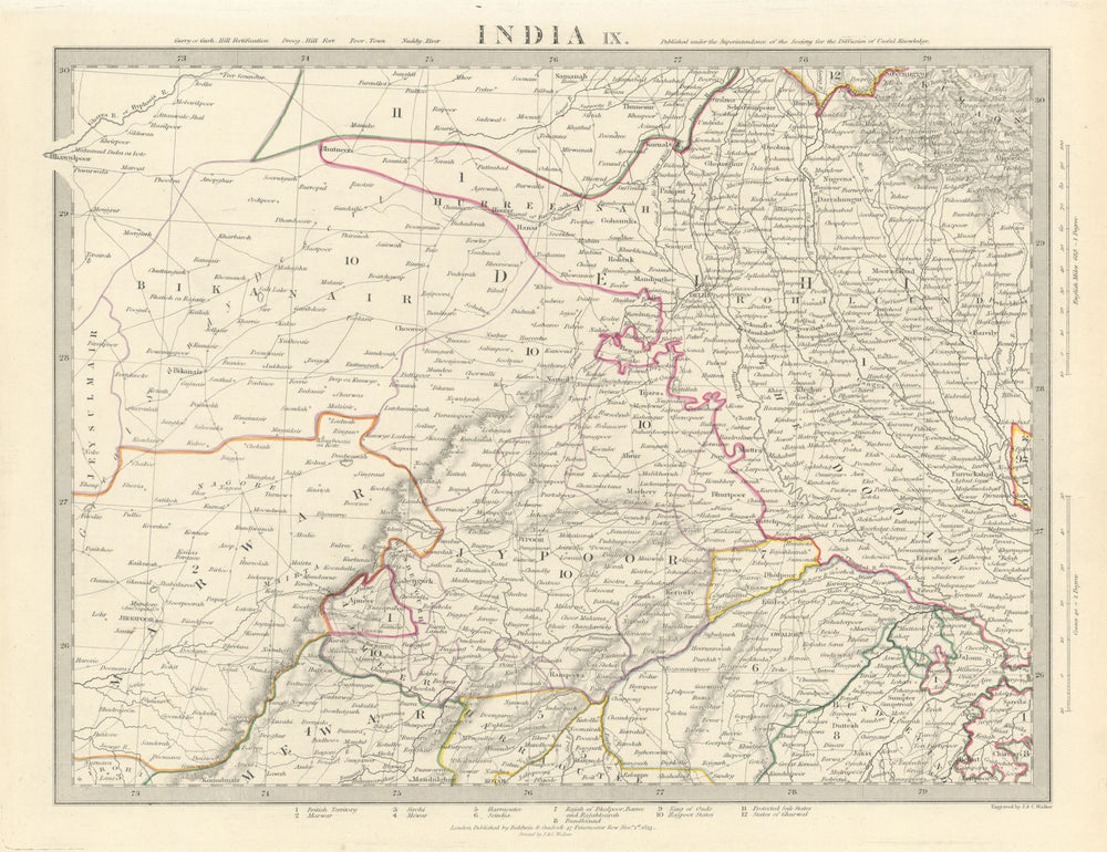 RAJASTHAN. India. Delhi Jaipur Marwar Bikaner Mewar Bundelkhand. SDUK 1844 map