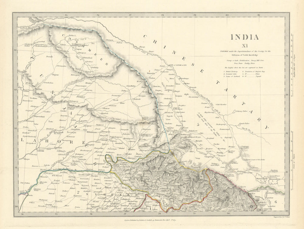 INDIA PAKISTAN. Punjab Garhwal Lahore Sirhind Kashmir China. SDUK 1844 old map