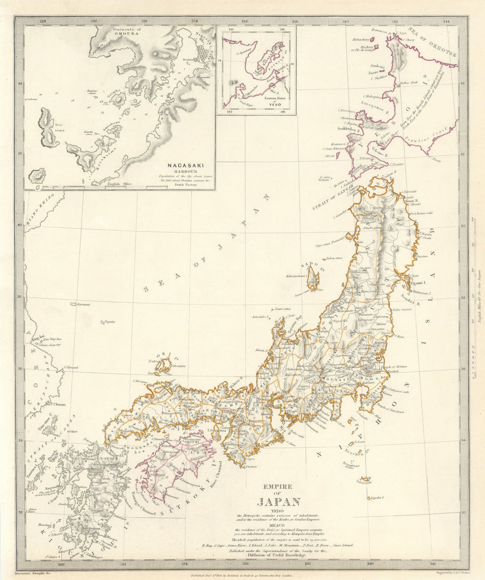 EMPIRE OF JAPAN. Inset Nagasaki Harbour; Yeso. Niphon Nippon. SDUK 1844 map