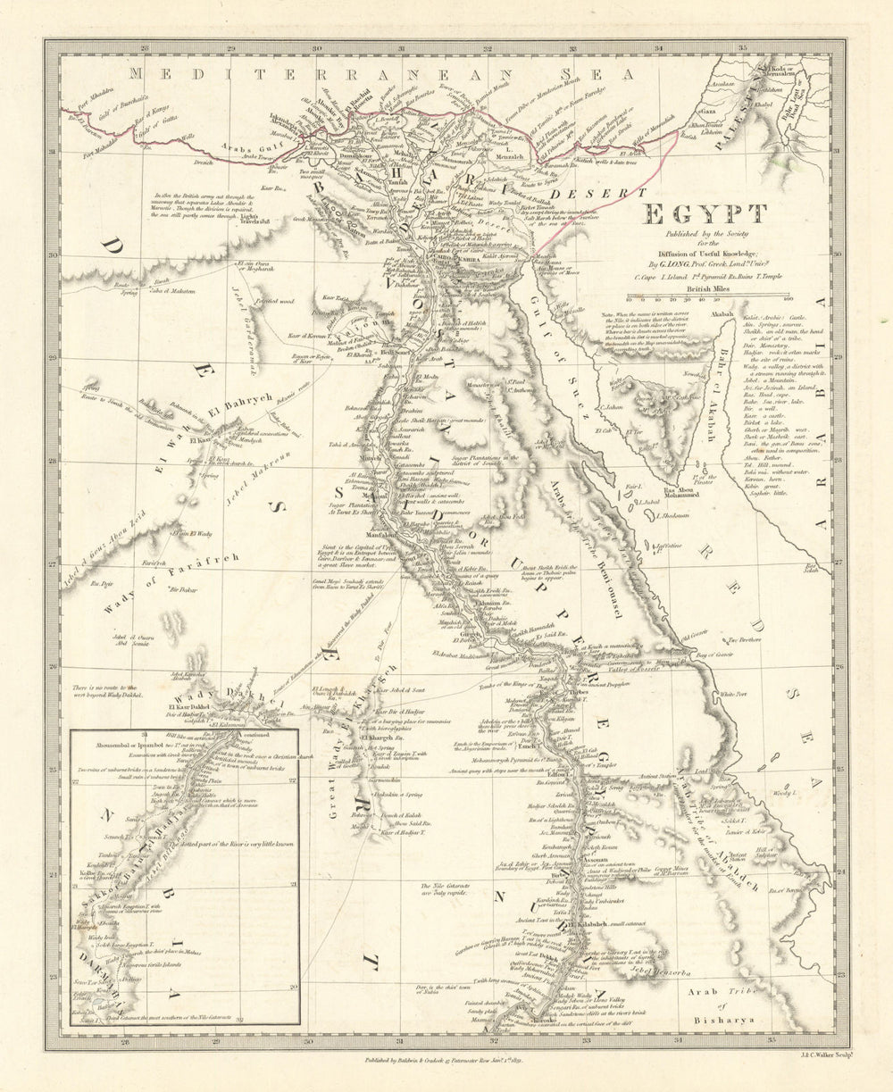EGYPT. Nile valley. Original outline colour. SDUK 1844 old antique map chart