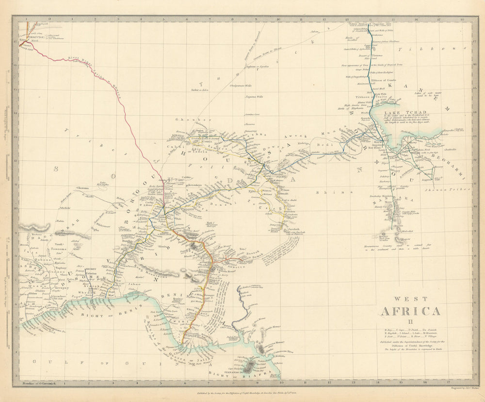 NIGERIA w/ early explorers' routes. Lake Chad Yariba Houssa Borgou.SDUK 1844 map