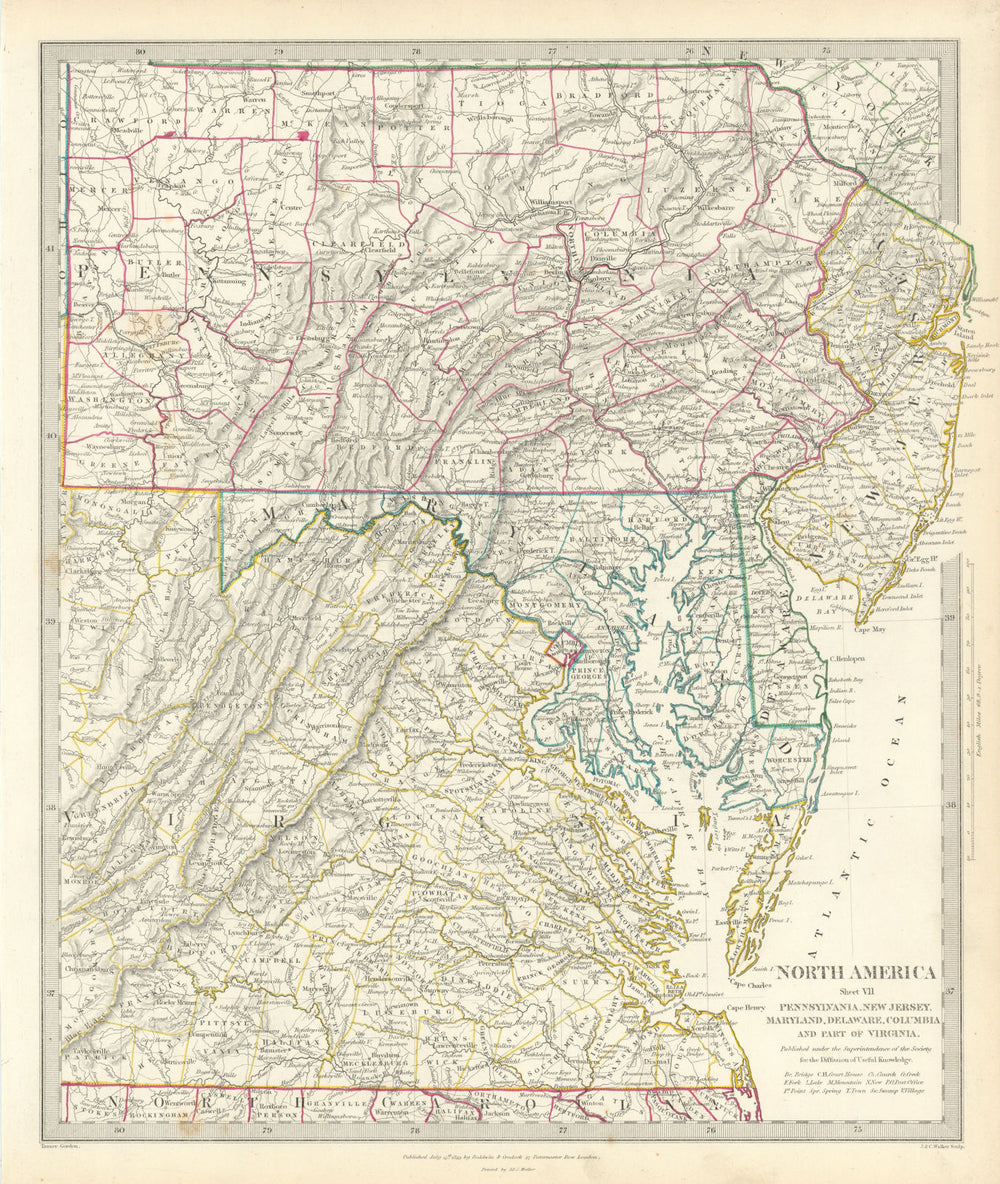 USA. Pennsylvania New Jersey Maryland Delaware DC Virginia. SDUK 1844 old map