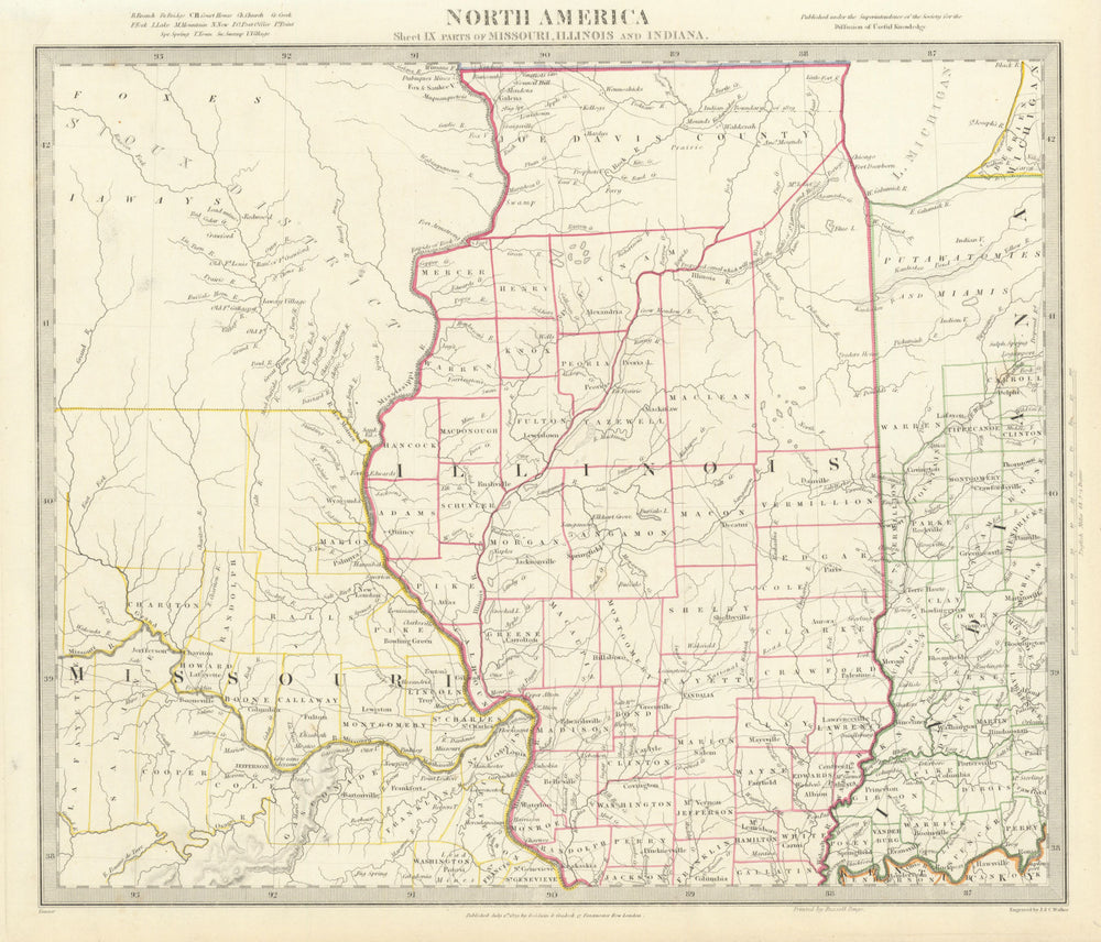 USA. Missouri Illinois Indiana. Indian tribes villages borders. SDUK 1844 map