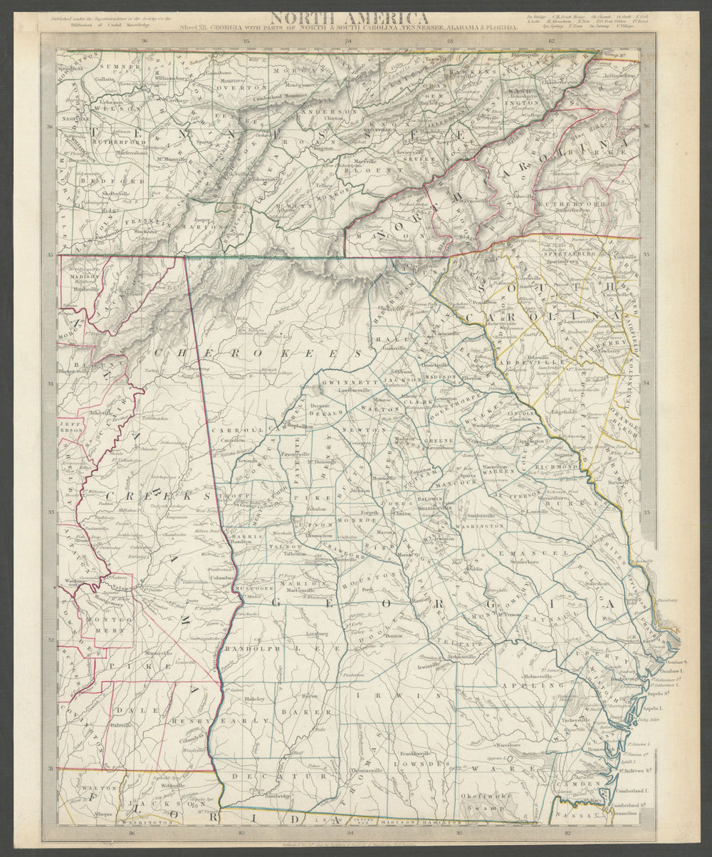 USA. Alabama Georgia Cherokee & Muscogee villages. TN NC SC FL. SDUK 1844 map