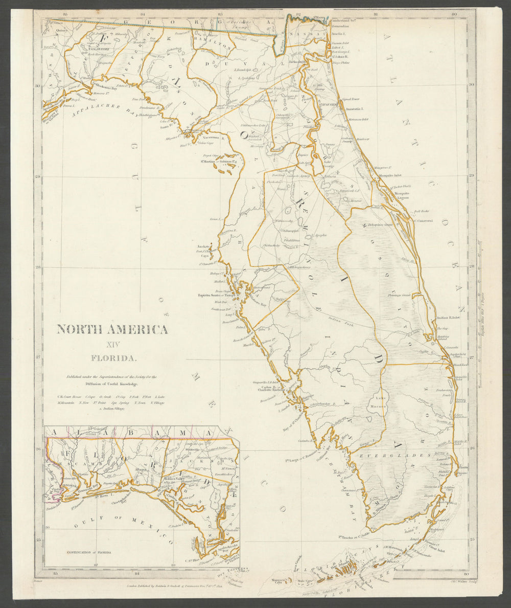 FLORIDA. Showing Seminole Indian reservation & villages.SDUK 1844 old map