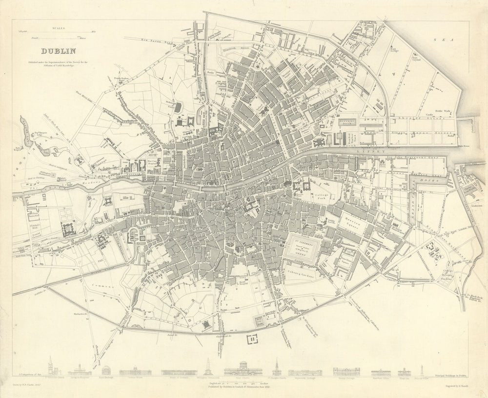 DUBLIN. Antique town city map plan. Key buildings profiles. SDUK 1844 old