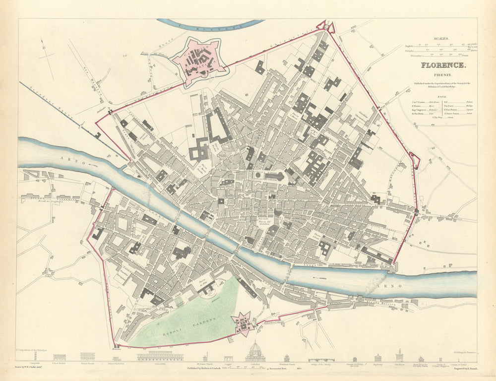 FLORENCE FIRENZE. Antique town city map plan. Key buildings profiles. SDUK 1844