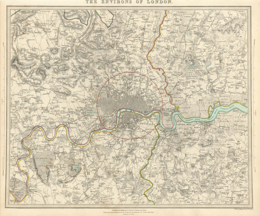 LONDON & ENVIRONS. Middlesex Kent Essex Surrey.  Coloured. SDUK 1844 old map