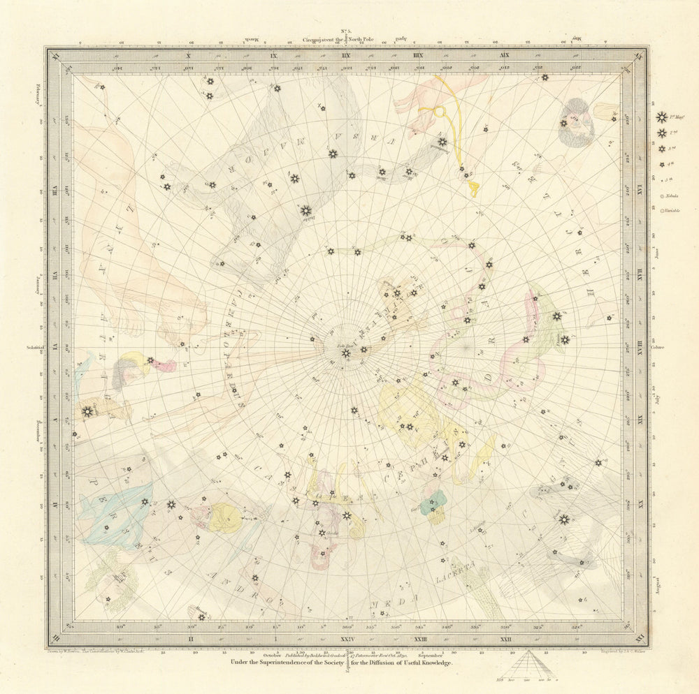 ASTRONOMY CELESTIAL. Star map. Star chart, V. North Pole. SDUK 1847 old