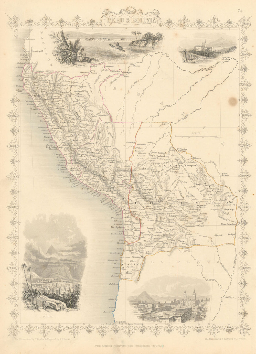 PERU & BOLIVIA. Bolivia with Atacama litoral.Potosi view RAPKIN/TALLIS 1851 map