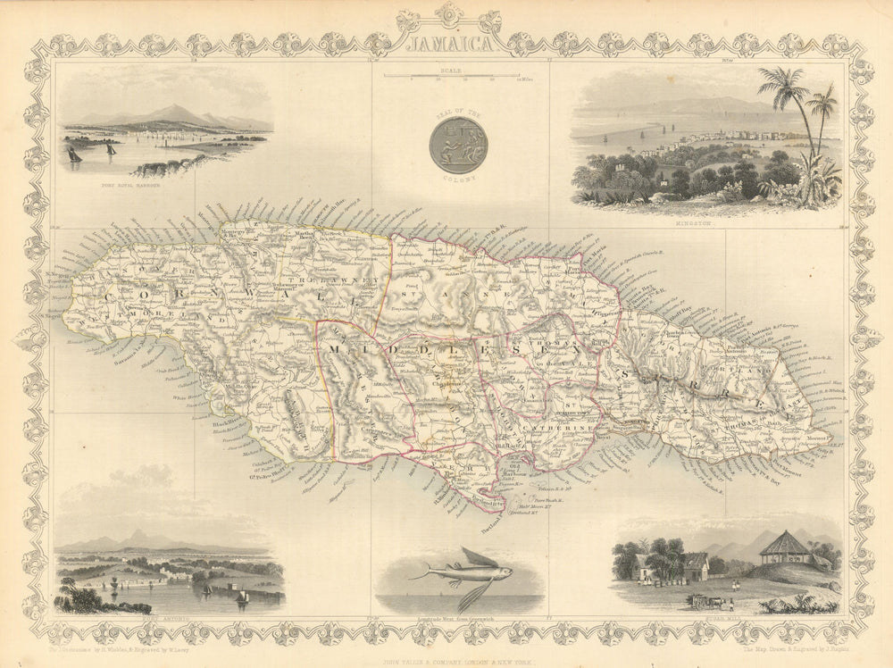 JAMAICA. Counties/parishes. Sugar Mill & Kingston views. RAPKIN/TALLIS 1851 map