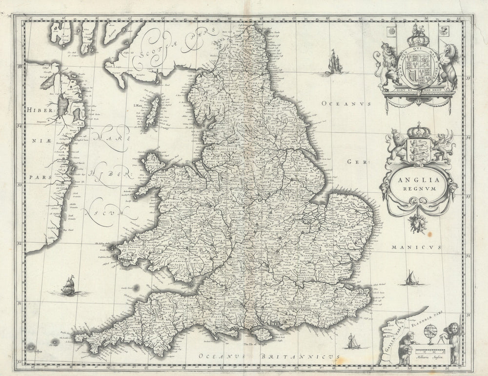 Anglia Regnum by Willem Blaeu. England & Wales 1645 old antique map plan chart