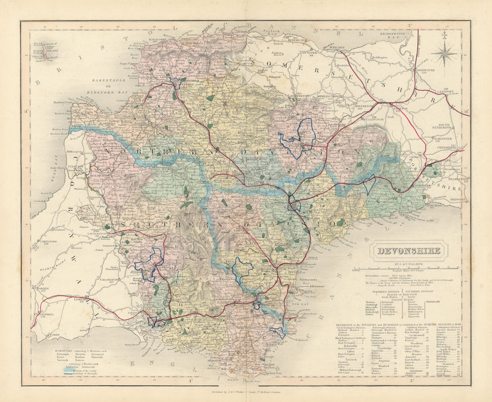 Devonshire antique county map by J & C Walker. Railways & boroughs 1870