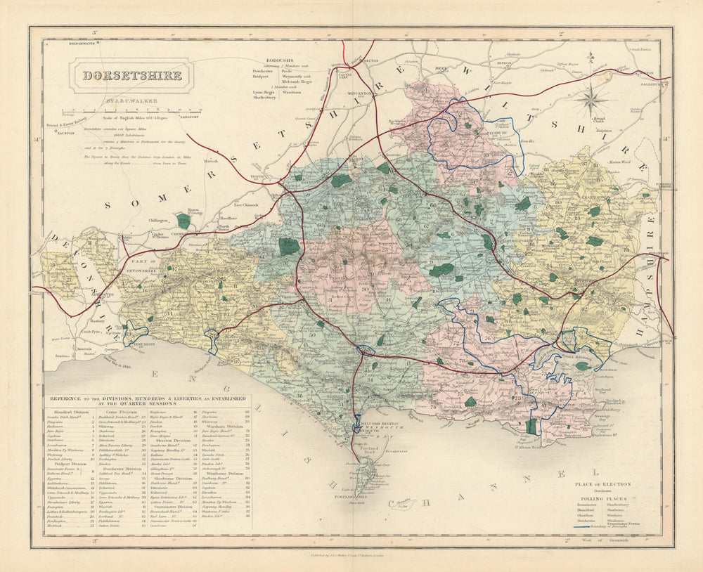 Dorsetshire antique county map by J & C Walker. Railways & boroughs 1870