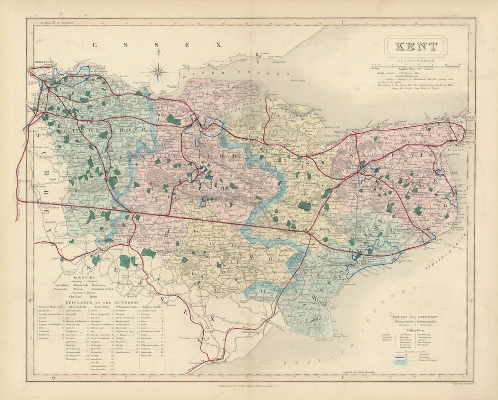 Kent antique county map by J & C Walker. Railways & boroughs 1870 old ...