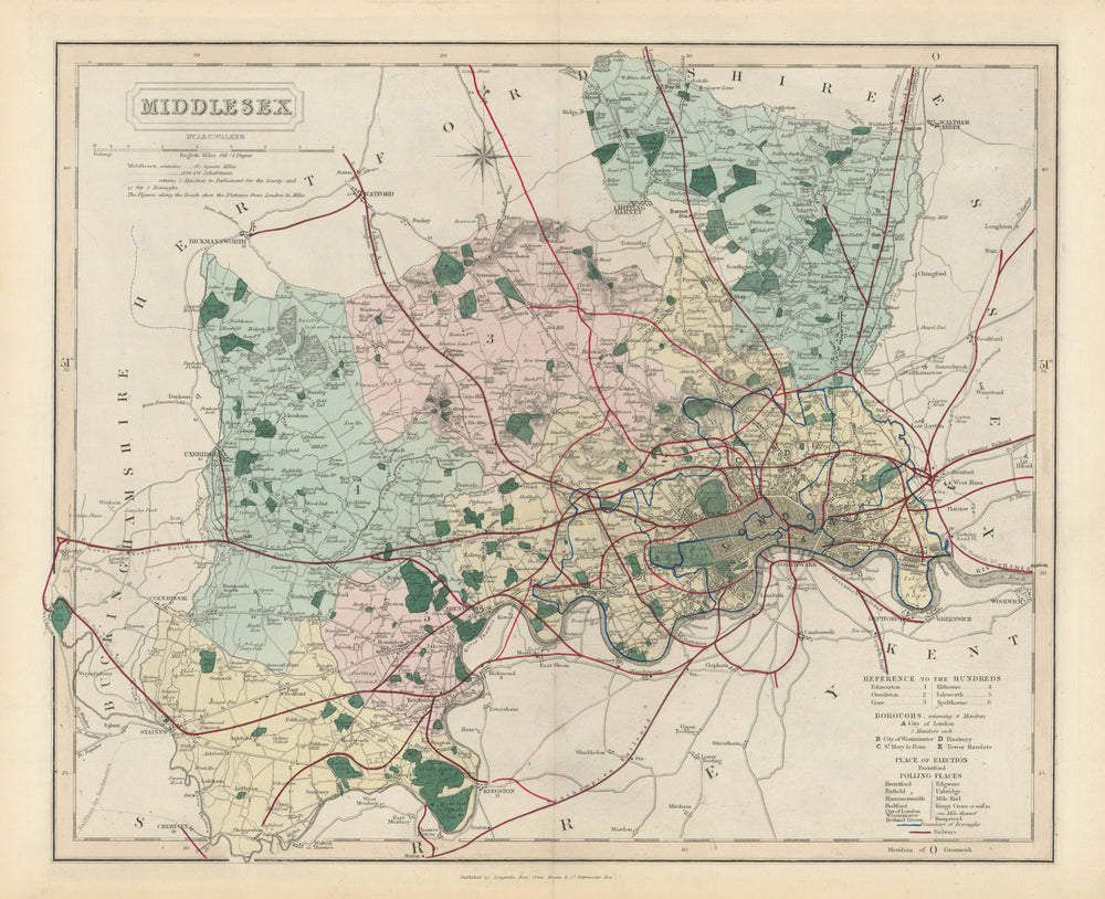 Middlesex antique county map by J & C Walker. Railways & boroughs 1870 old
