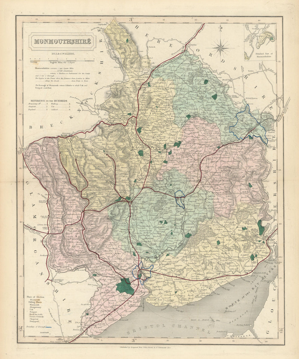Monmouthshire antique county map by J & C Walker. Railways & boroughs 1870