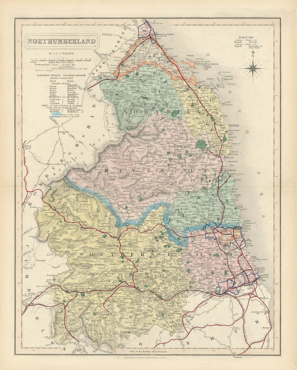 Northumberland antique county map by J & C Walker. Railways & boroughs 1870
