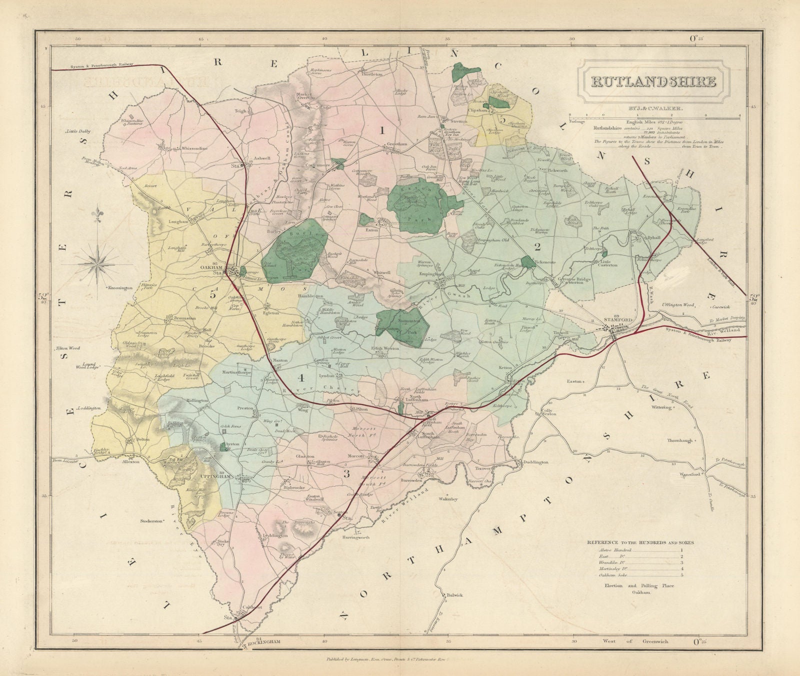 Rutlandshire antique county map by J & C Walker. Railways & boroughs ...