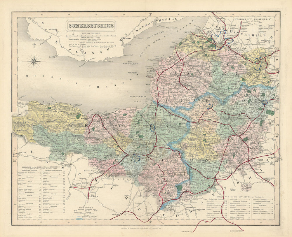 Somersetshire antique county map by J & C Walker. Railways & boroughs 1870