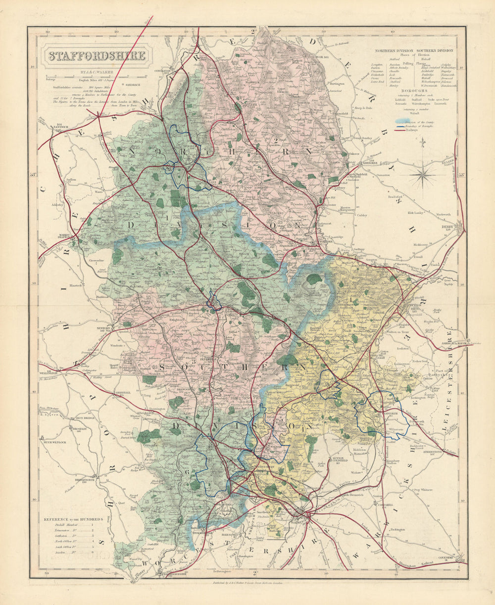 Staffordshire antique county map by J & C Walker. Railways & boroughs 1870