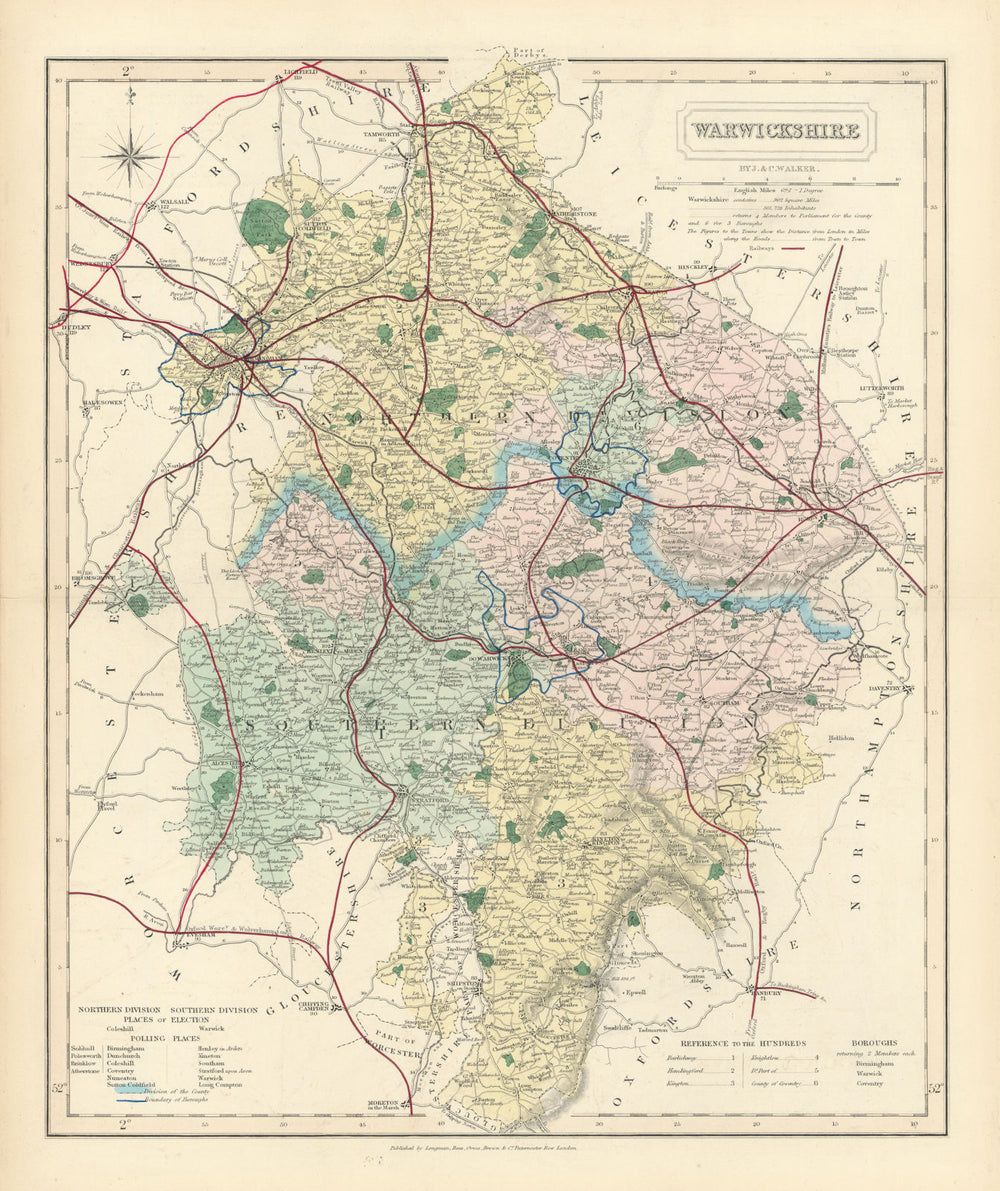 Warwickshire antique county map by J & C Walker. Railways & boroughs 1870