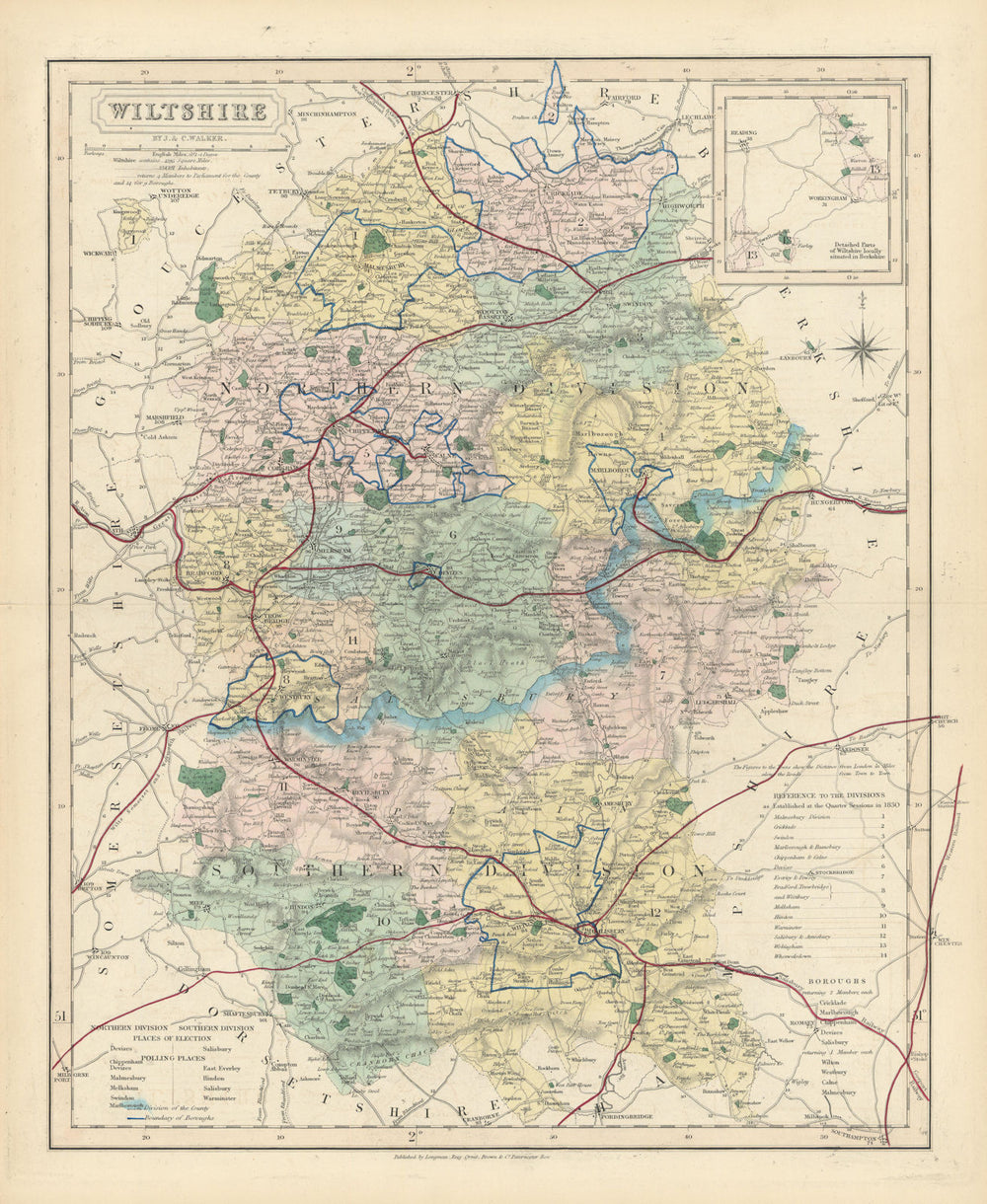 Wiltshire antique county map by J & C Walker. Railways & boroughs 1870 old