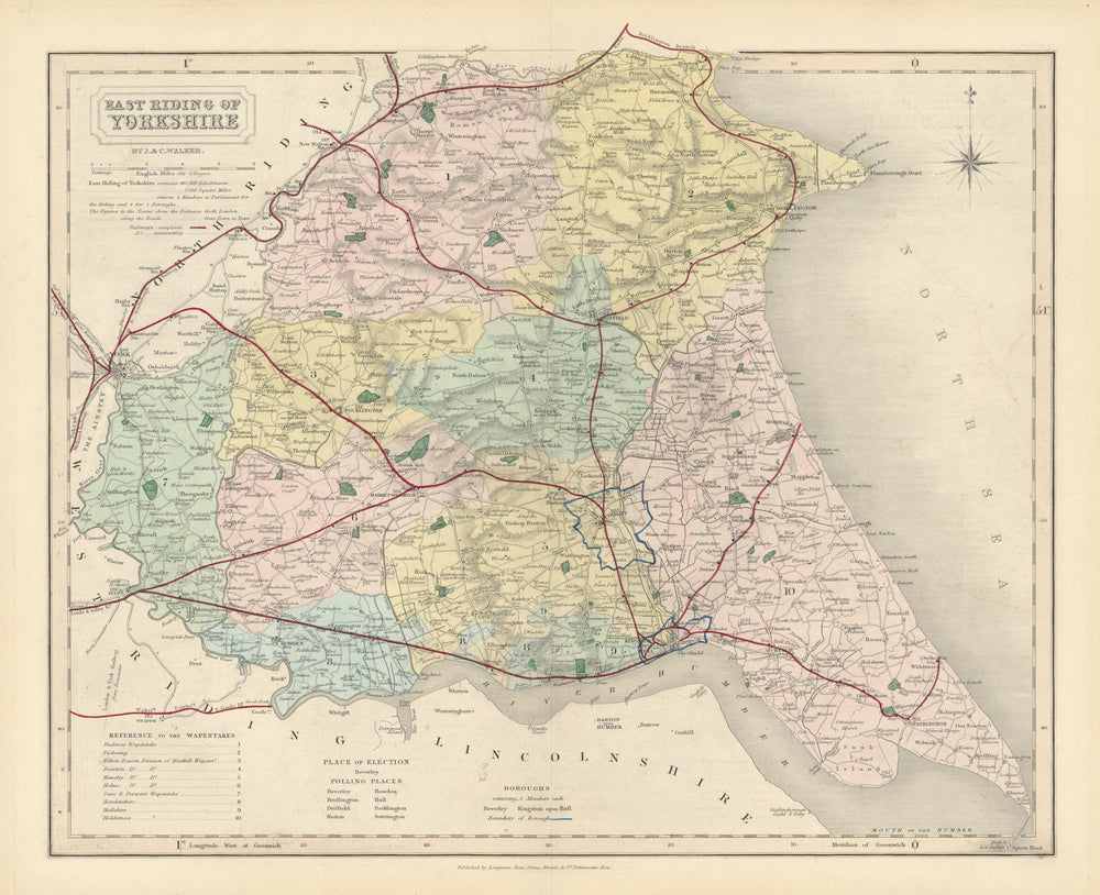 East Riding of Yorkshire antique county map by J & C Walker. Railways 1870