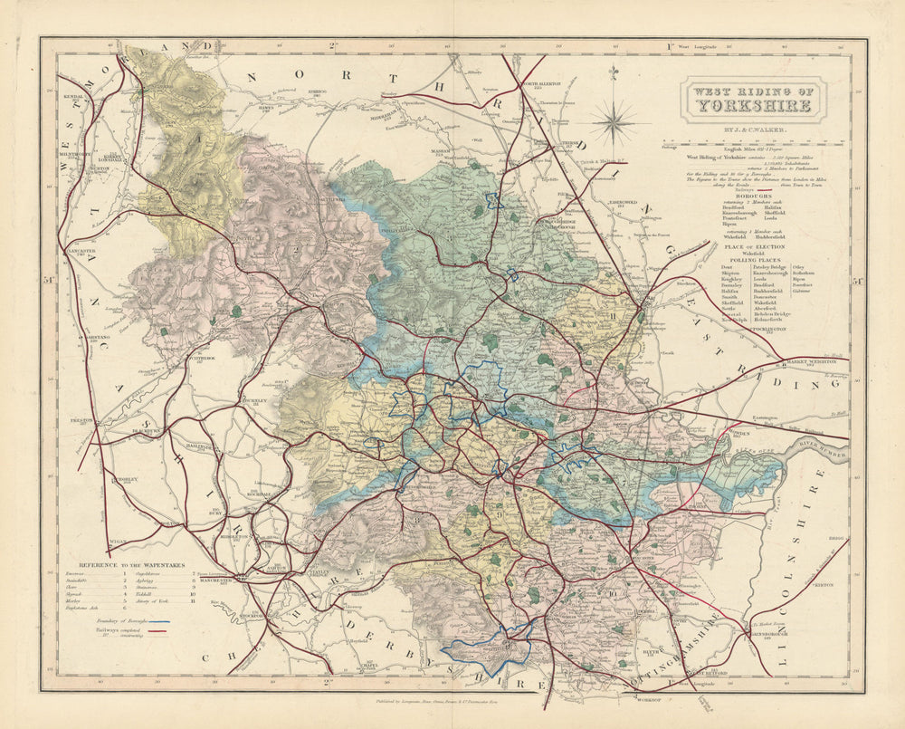 West Riding of Yorkshire antique county map by J & C Walker. Railways 1870