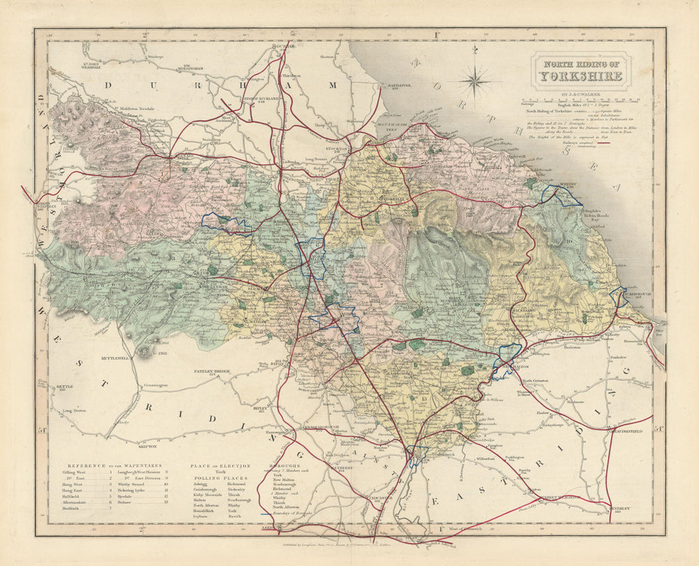 North Riding of Yorkshire antique county map by J & C Walker. Railways 1870