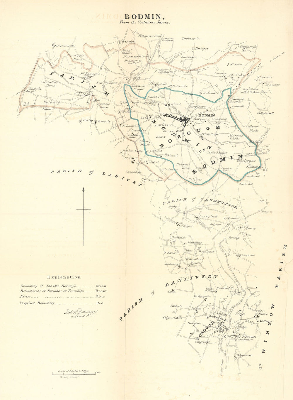 BODMIN borough/town plan. REFORM ACT. Lostwithiel. Cornwall. DAWSON 1832 map