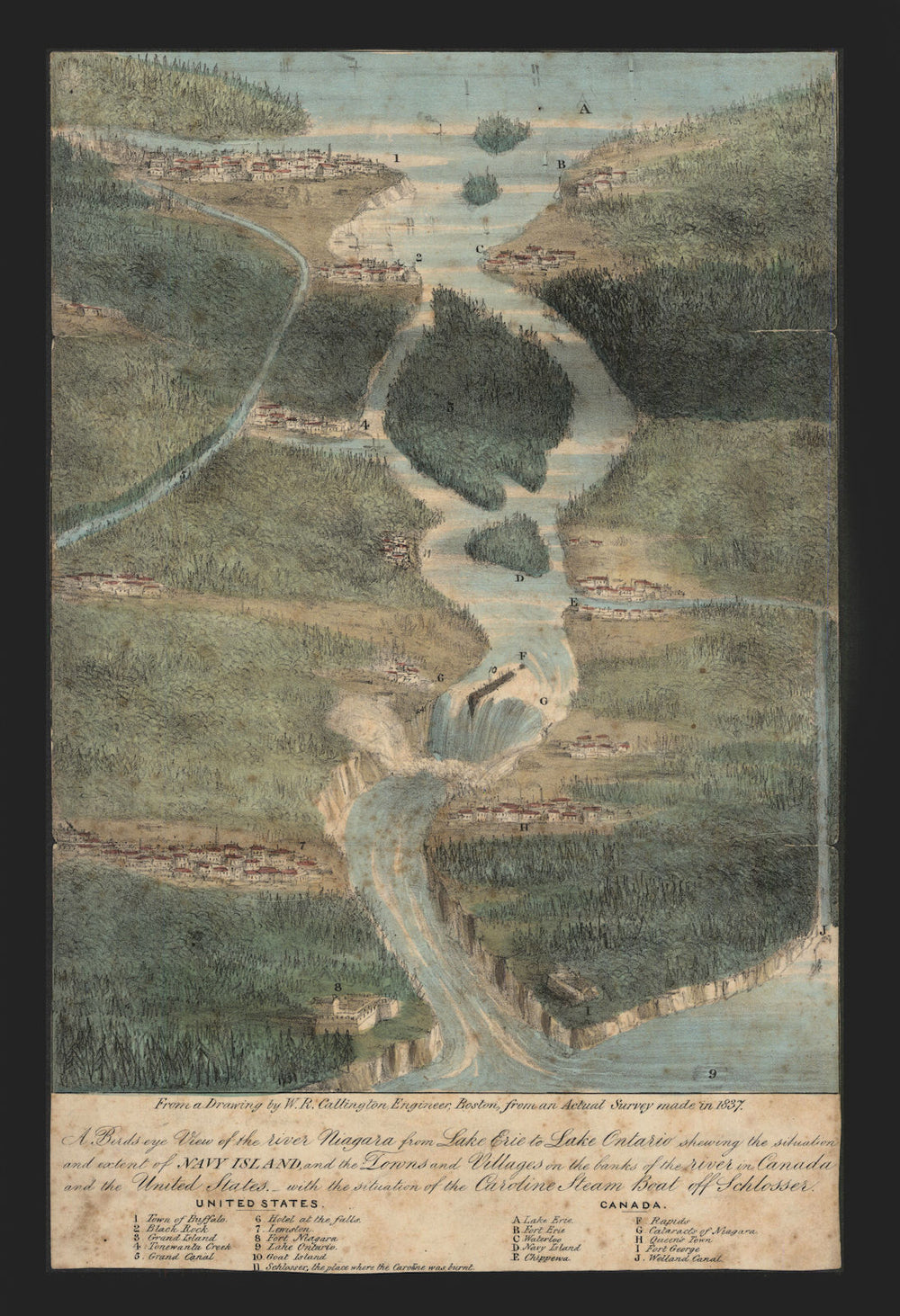 A Bird's-eye view of the river Niagara from Lake Erie to Lake Ontario 1838 map