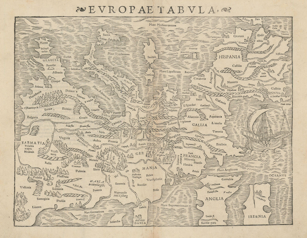 Europae Tabula. Europe. Orientated south. SEBASTIAN MÜNSTER 1572 old map