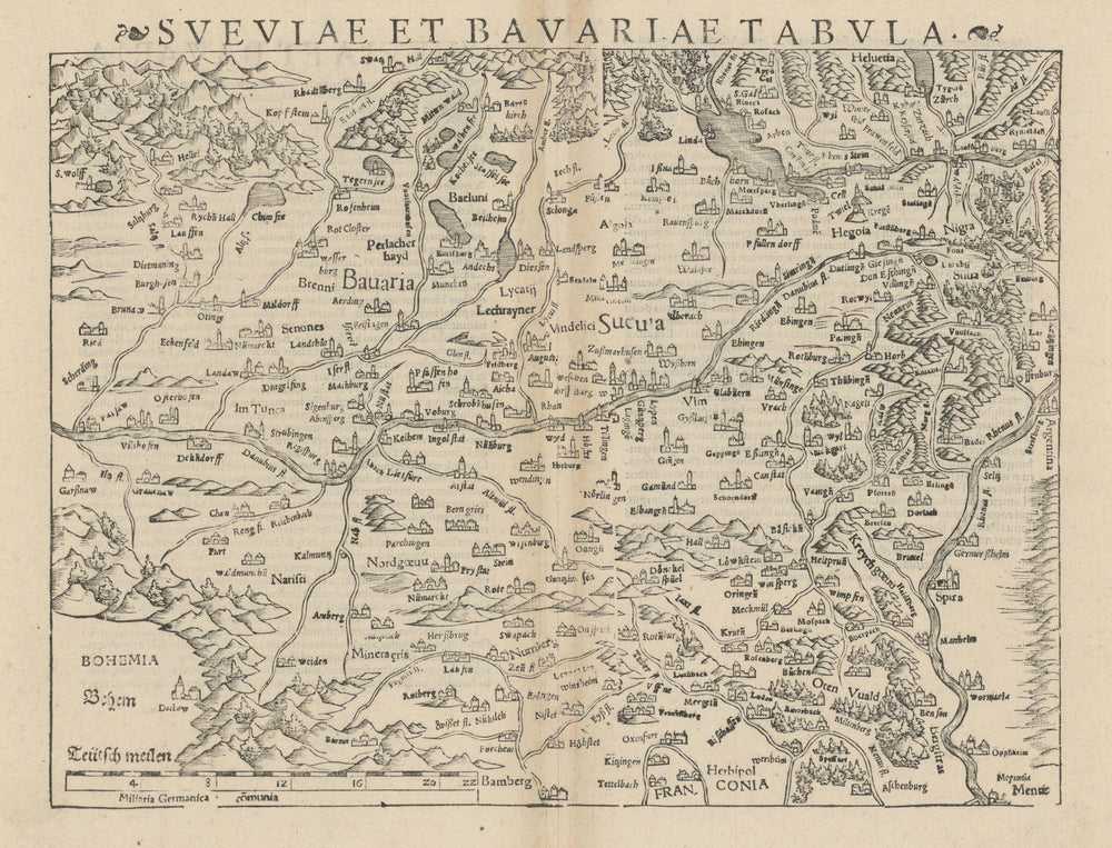 Sveviae et Bavariae Tabula. Swabia Bavaria Baden-Württemberg. MÜNSTER 1572 map