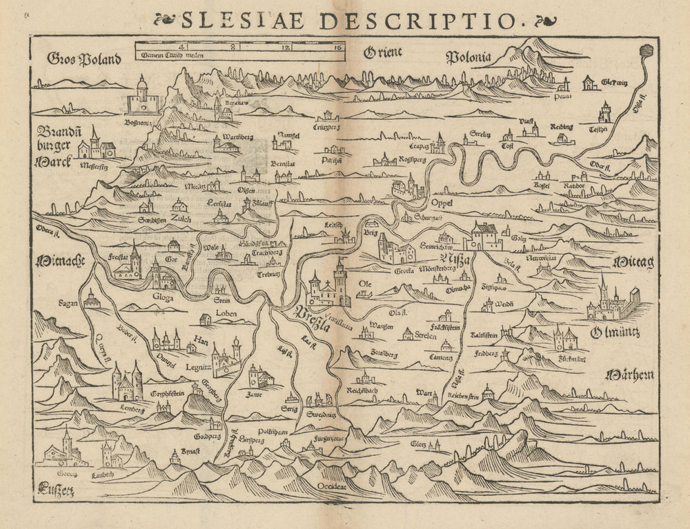 Slesiae Descriptio. Silesia, Poland. SEBASTIAN MÜNSTER 1572 old antique map