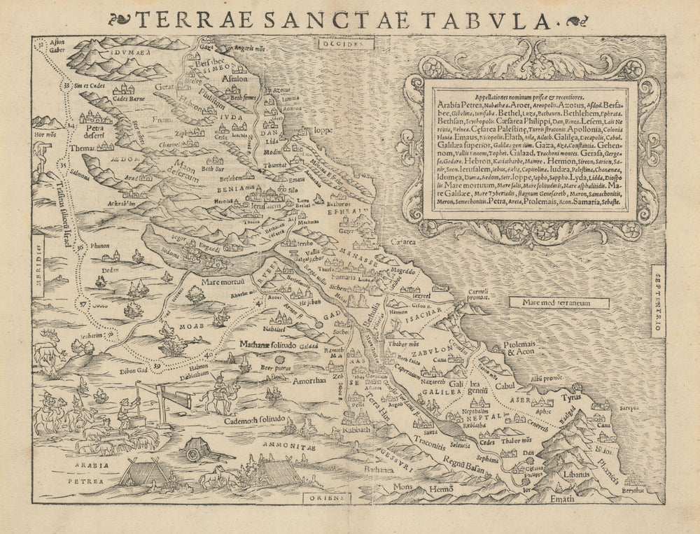 Terrae Sanctae tabula. The Holy Land. Israel Palestine Jordan. MÜNSTER 1572 map