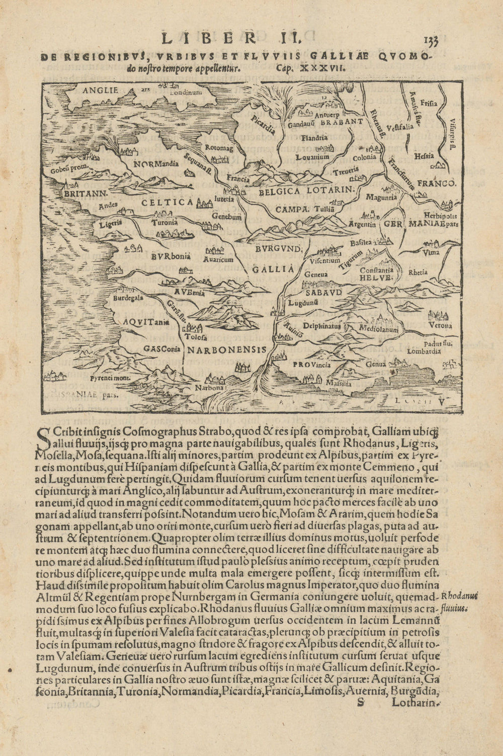 De Regionibus, urbibus et fluuiis Galliae… Gaul / France. MÜNSTER 1572 old map