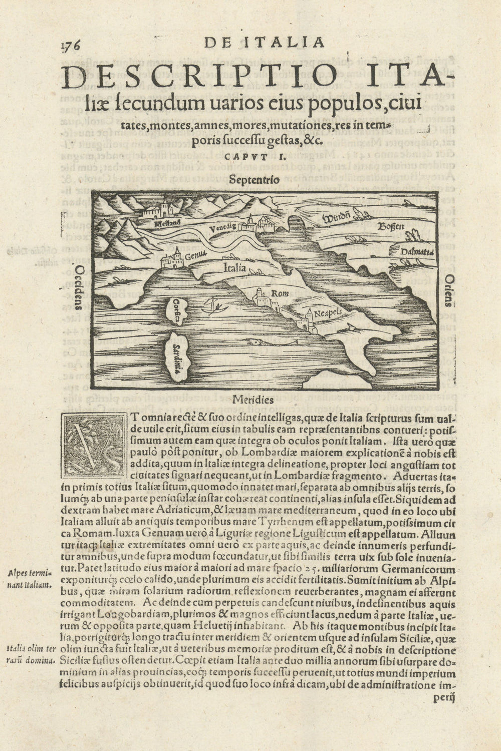Descriptio Italiae... Italy sketch map. SEBASTIAN MÜNSTER 1572 old antique