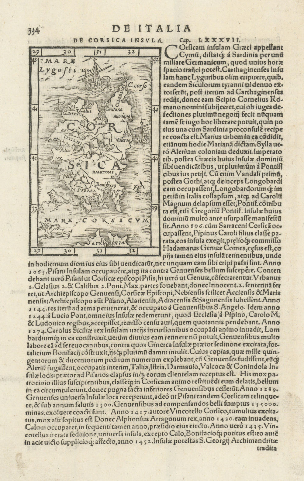 De Corsica lnsula. The island of Corsica. Sea monster. MÜNSTER 1572 old map