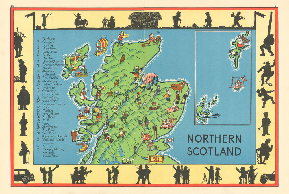 Northern Scotland pictorial map. ALNWICK 1937 old vintage plan chart